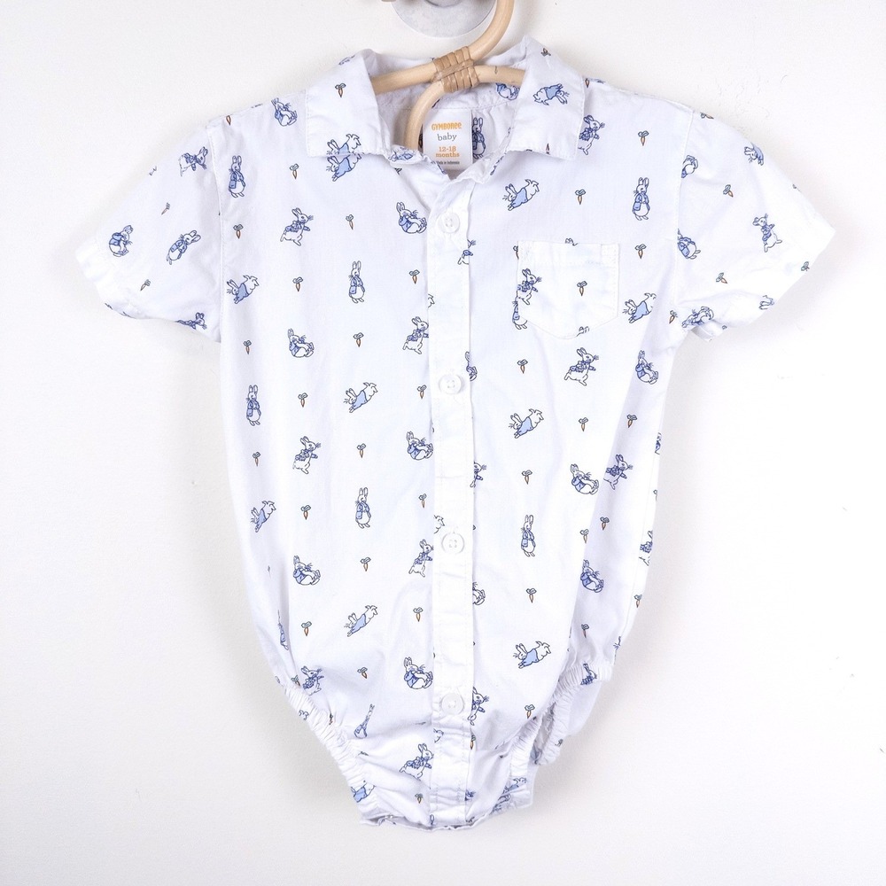 Gymboree‎ Peter Rabbit Bodysuit Baby 12-18M White Short Sleeve Button Up